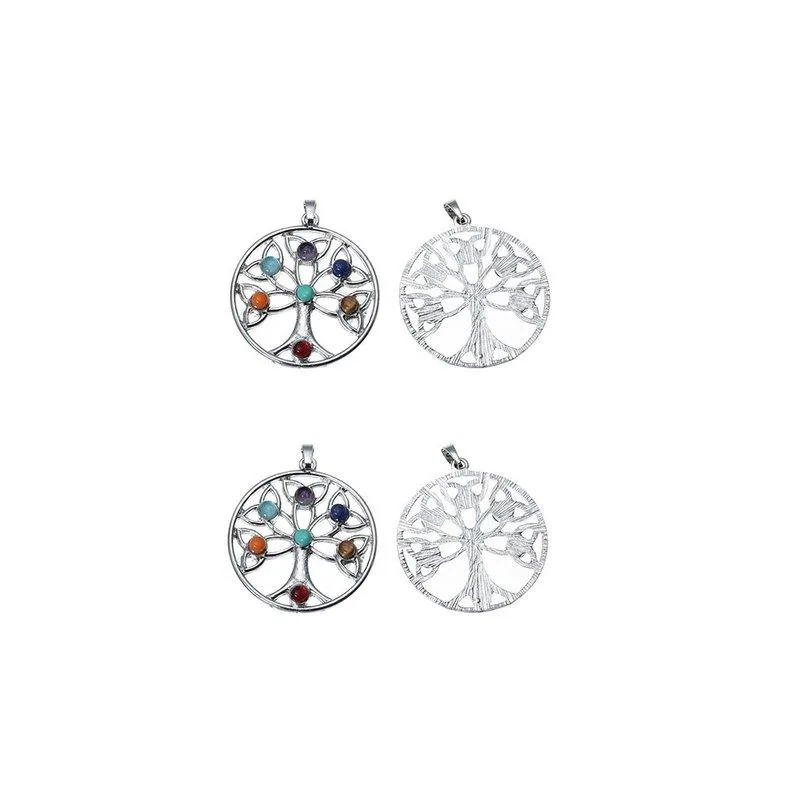 1 Pc Tibetan Silver Chakra Tree Of Life With Energy Gemstones 48X40mm Charms Pendants