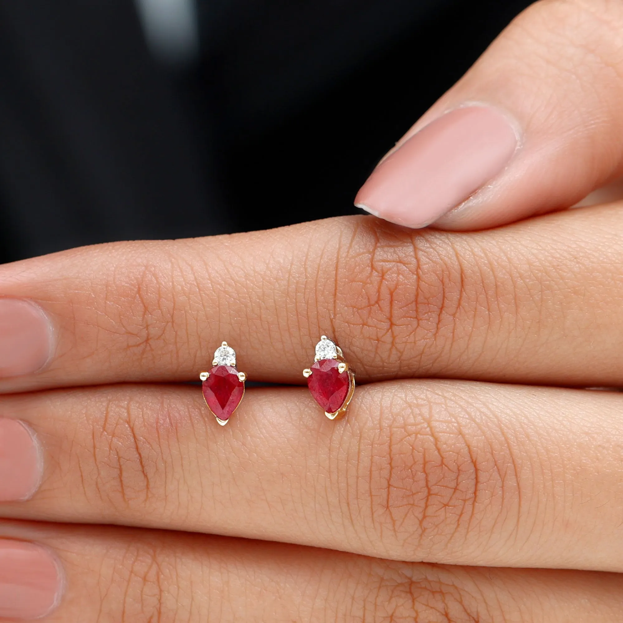 1.25 CT Pear Cut Ruby and Diamond Dainty Stud Earrings