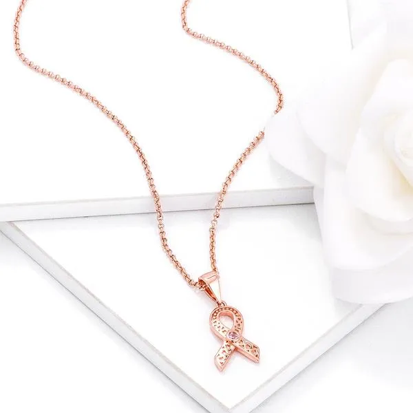 18k Rose Gold Plated Heart Filigree Breast Cancer Awareness Ribbon Pendant
