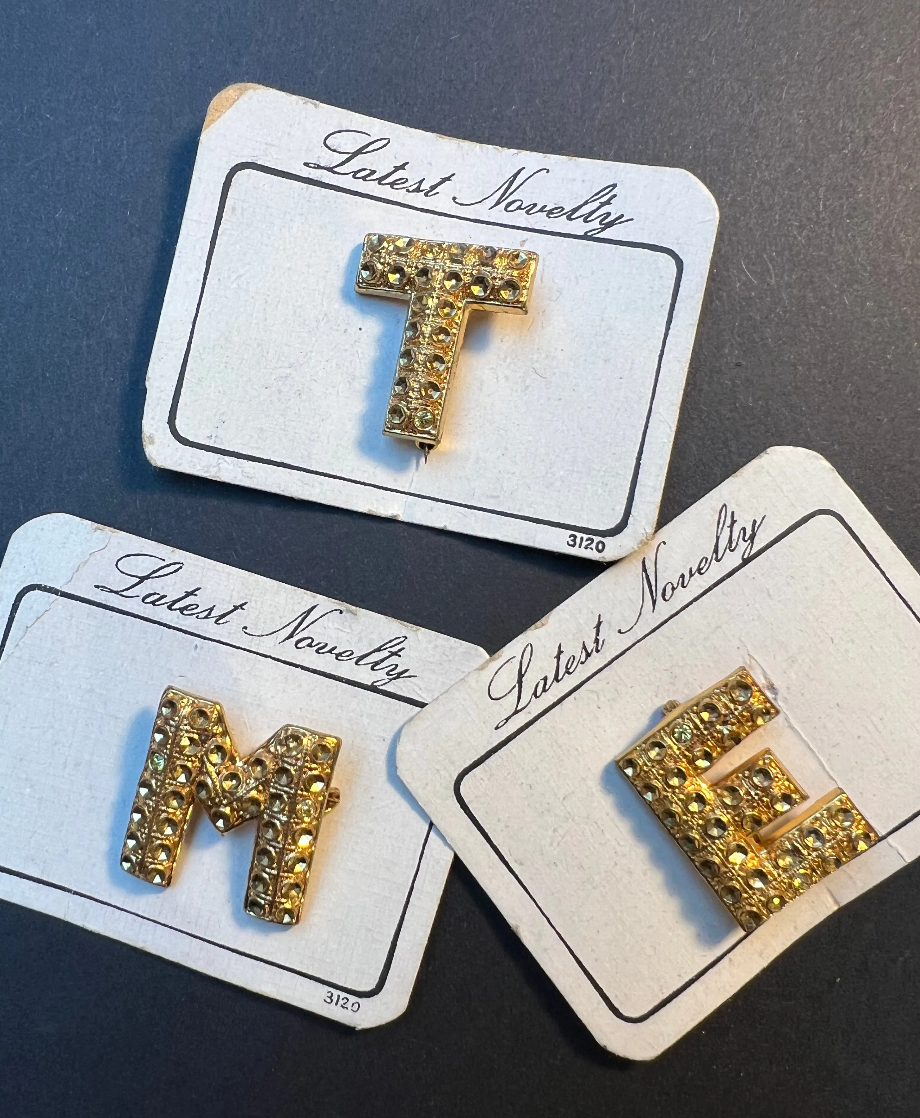 1940s "Latest Novelty" Initial Letter Brooches E, I, M, S, T and V