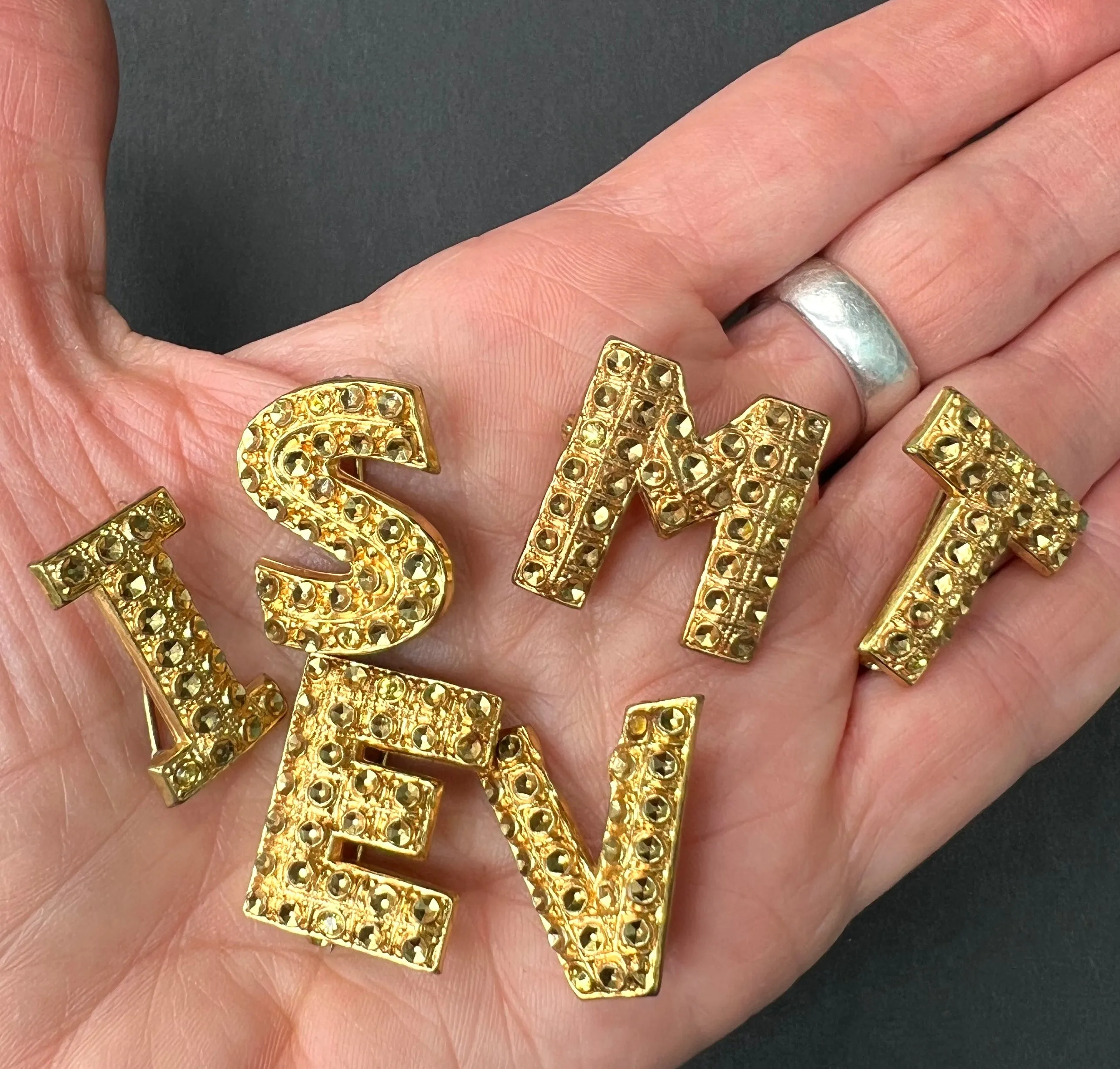1940s "Latest Novelty" Initial Letter Brooches E, I, M, S, T and V