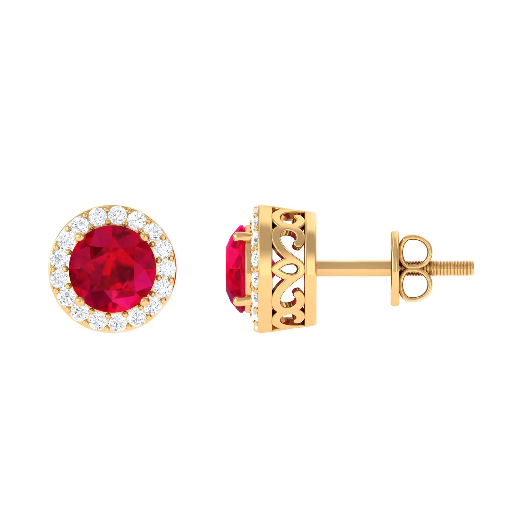 5 MM Created Ruby Halo Stud Earrings with Diamond