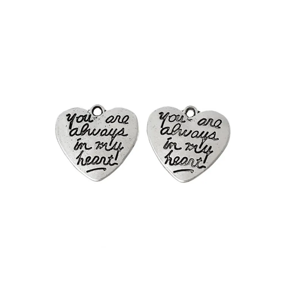 5 Pcs Tibetan Silver "YOU ARE ALWAYS IN MY HEART" HEART Charms Pendants, Lead & Nickel Free Metal Charms Pendants Beads