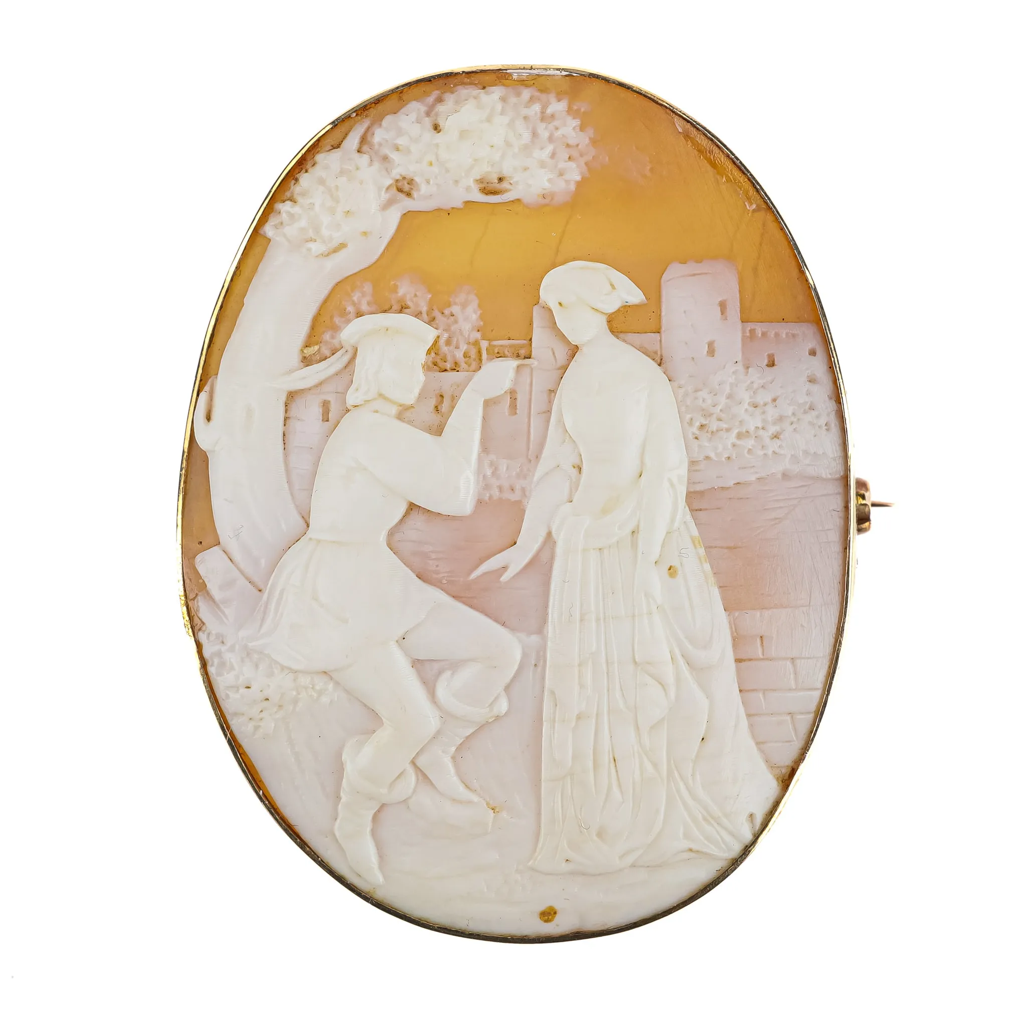 9K Yellow Gold Couple under Tree Cameo Brooch -54-42mm