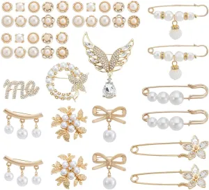 AHANDMAKER 45Pcs Junk Socks Charms Pearl Rhinestone Brooch Pins Sweater Shawl Clips Safety Pin Charms for Socks Brooch Pins Cover Up Buttons For Women Clothes Accessories