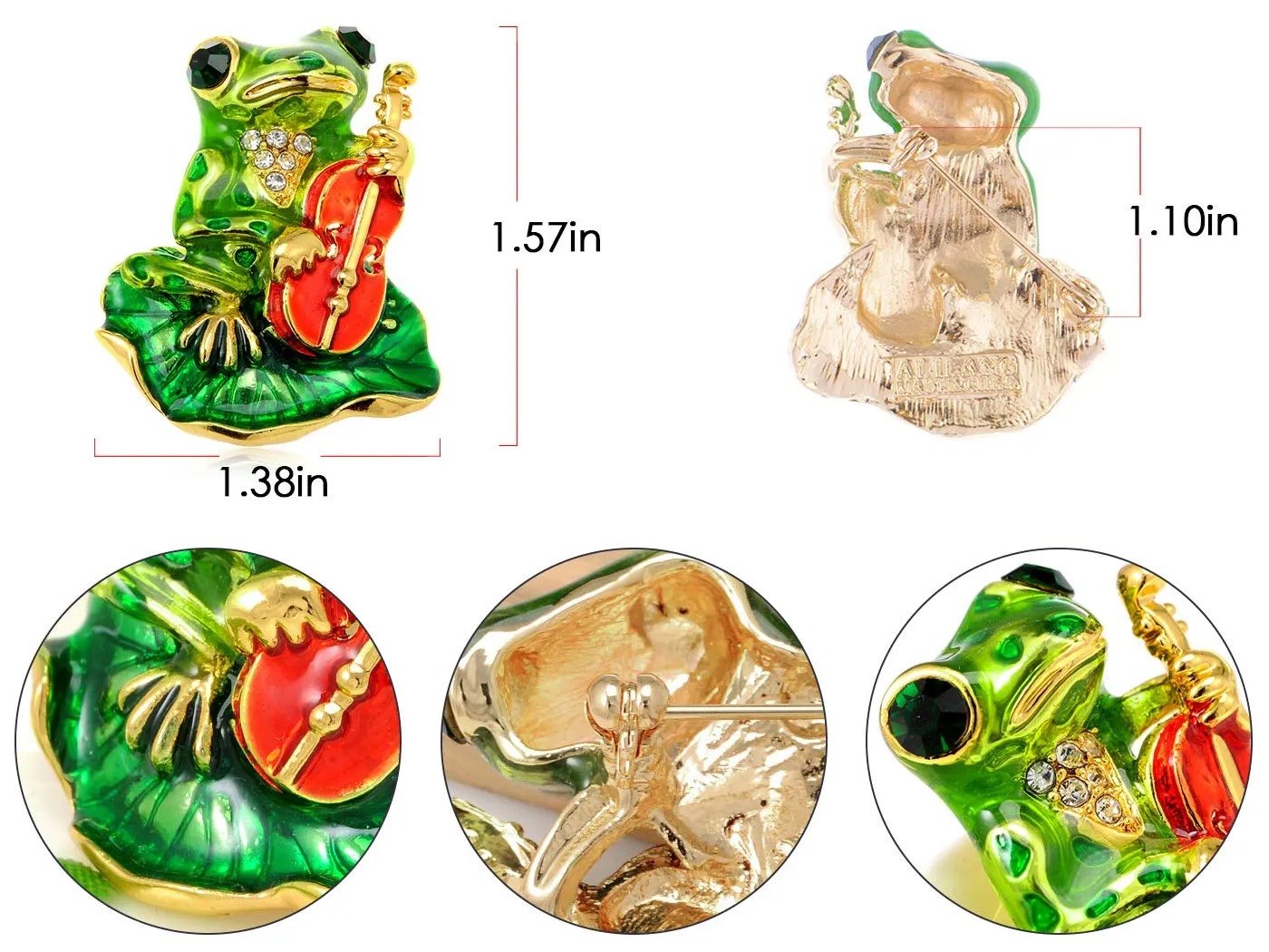 Alilang Golden Tone Emerald Green Colored Rhinestones Frog Toad Violin Leaf Brooch Pin