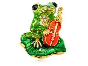 Alilang Golden Tone Emerald Green Colored Rhinestones Frog Toad Violin Leaf Brooch Pin