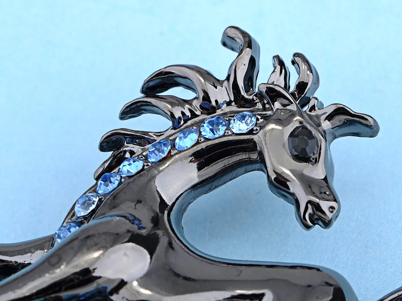 Alilang Gun Metal Tone Sapphire Colored Rhinestones Horse Stallion Brooch Pin