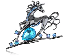 Alilang Gun Metal Tone Sapphire Colored Rhinestones Horse Stallion Brooch Pin