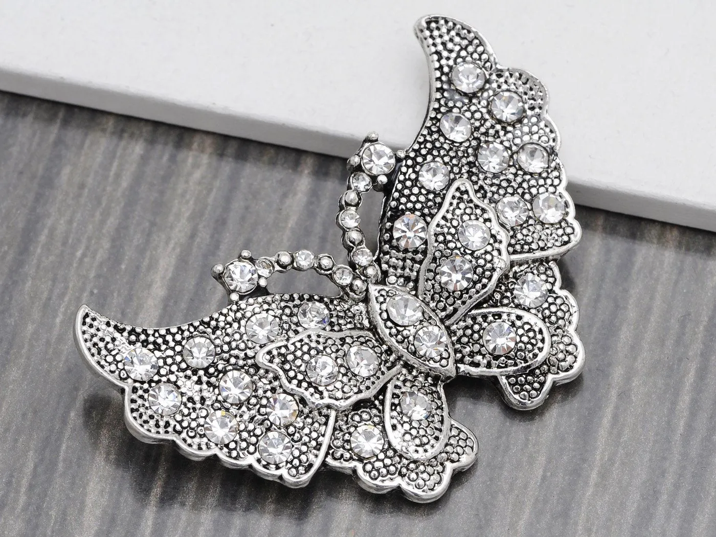 Alilang Vintage Inspire Silvery Tone Metal Carved Crystal Rhinestone Butterfly Pin Brooch