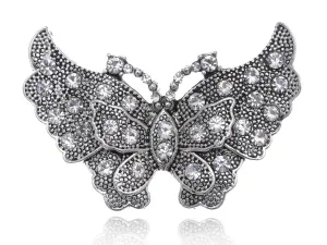 Alilang Vintage Inspire Silvery Tone Metal Carved Crystal Rhinestone Butterfly Pin Brooch