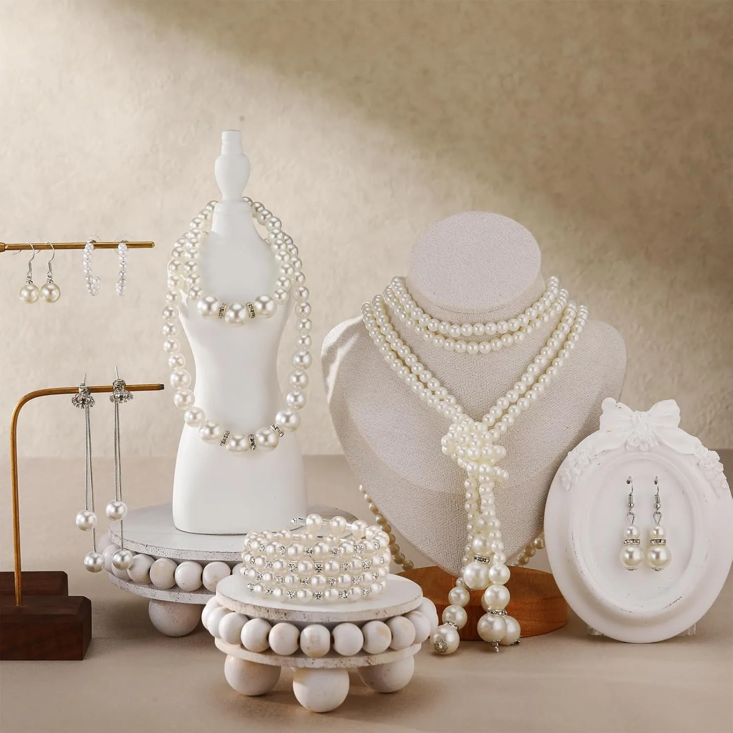 Bonuci 8 Pcs Pearl Rhinestone Jewelry Set for Women Pearl Necklace Earrings Bracelet Set 1920s Jewelry Accessories for Valentines Wedding Tea Party