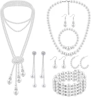 Bonuci 8 Pcs Pearl Rhinestone Jewelry Set for Women Pearl Necklace Earrings Bracelet Set 1920s Jewelry Accessories for Valentines Wedding Tea Party