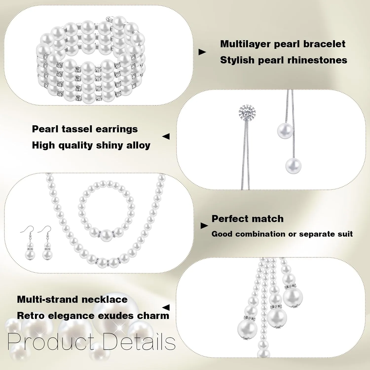 Bonuci 8 Pcs Pearl Rhinestone Jewelry Set for Women Pearl Necklace Earrings Bracelet Set 1920s Jewelry Accessories for Valentines Wedding Tea Party