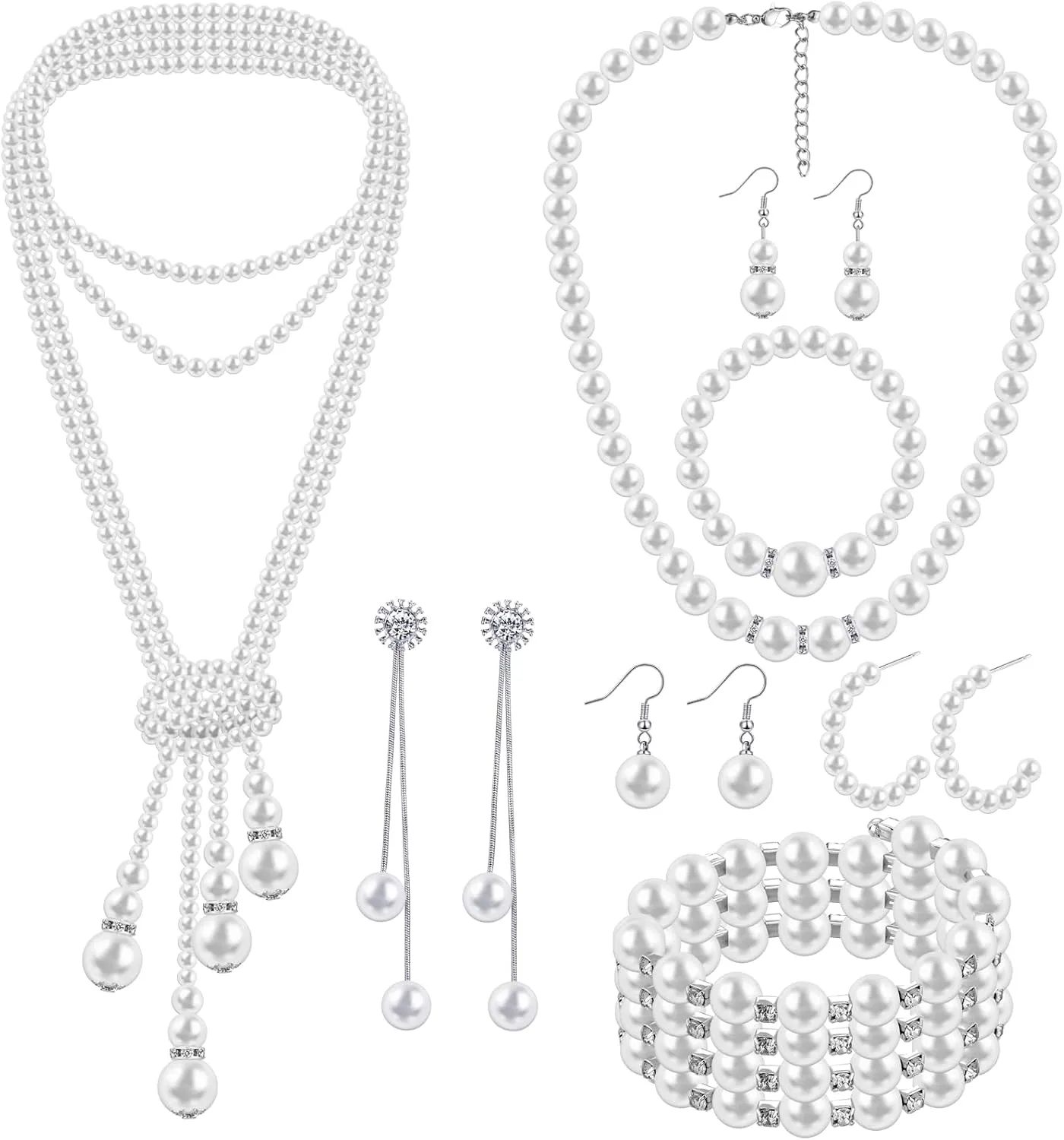 Bonuci 8 Pcs Pearl Rhinestone Jewelry Set for Women Pearl Necklace Earrings Bracelet Set 1920s Jewelry Accessories for Valentines Wedding Tea Party