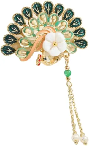 Chinese Style Flower Fan Enamel Pin Vintage Brooches For Women Charm Imitation Pearls Scarf Suit Broche Broach Pins