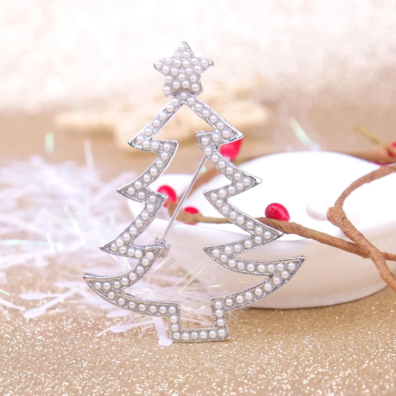 Christmas Tree Brooch Pin for Women Girls - Crystal Rhinestone Enamel Pearl Vintage Fashion Jewelry - Holiday Gifts