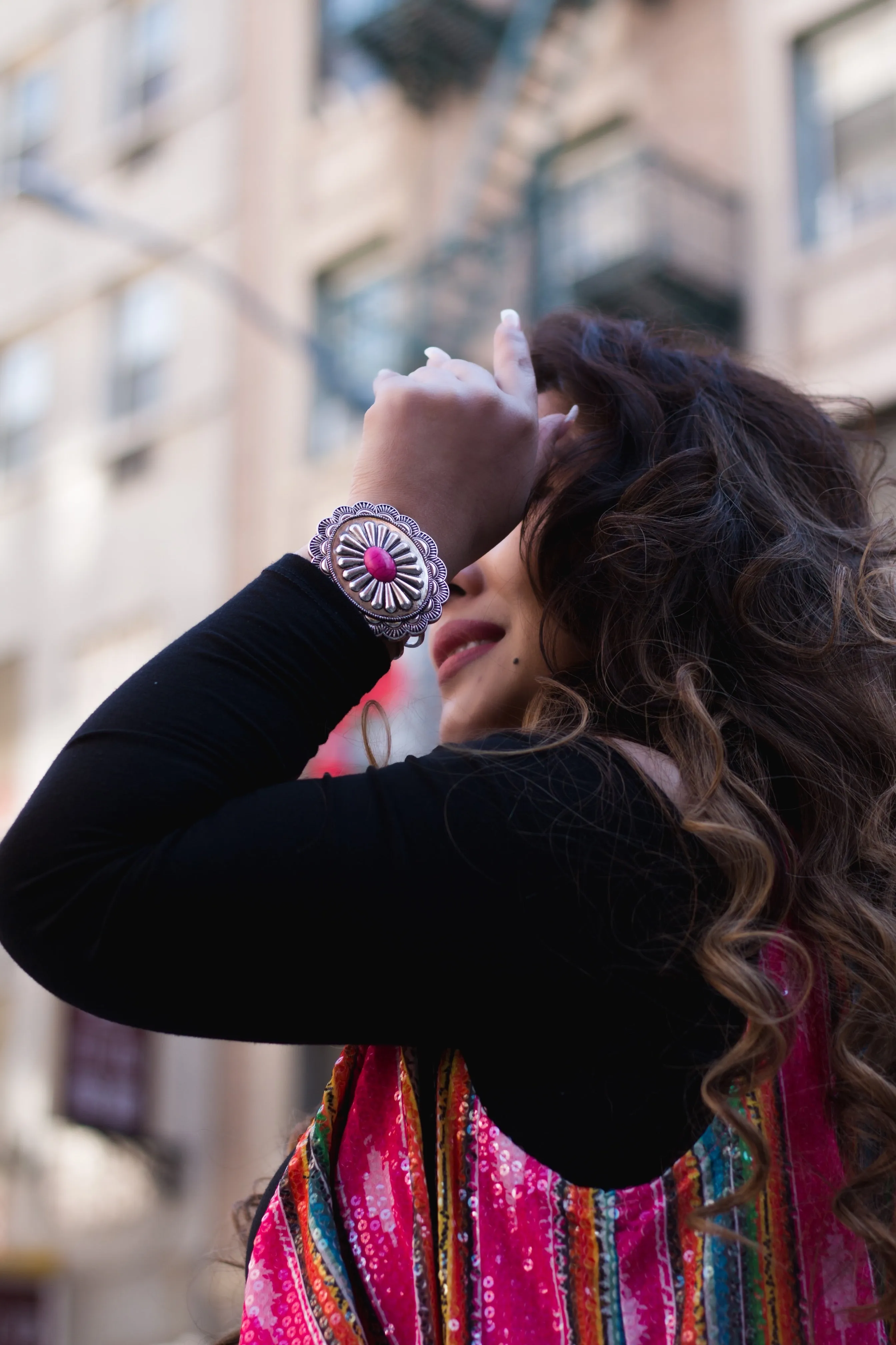 Concho Hinged Bracelet With Fuchsia Stone