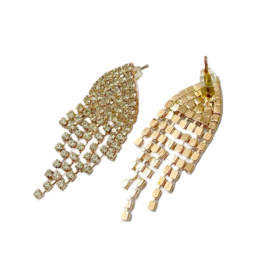 Contemporary White Diamante Crystal Studded Rose Gold-Toned Triangular Tassel Drop Earrings