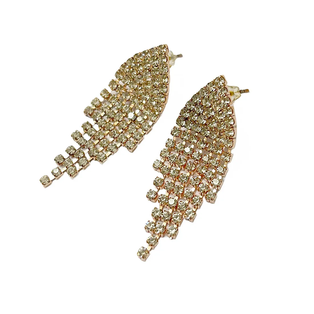 Contemporary White Diamante Crystal Studded Rose Gold-Toned Triangular Tassel Drop Earrings