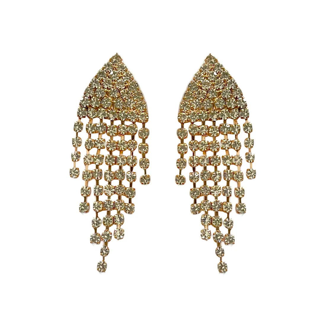 Contemporary White Diamante Crystal Studded Rose Gold-Toned Triangular Tassel Drop Earrings