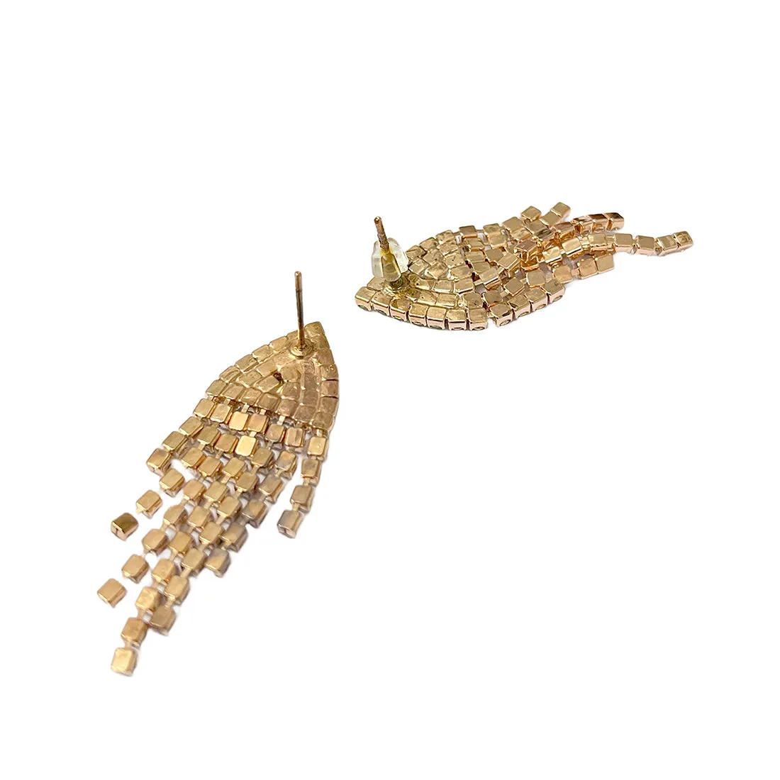 Contemporary White Diamante Crystal Studded Rose Gold-Toned Triangular Tassel Drop Earrings