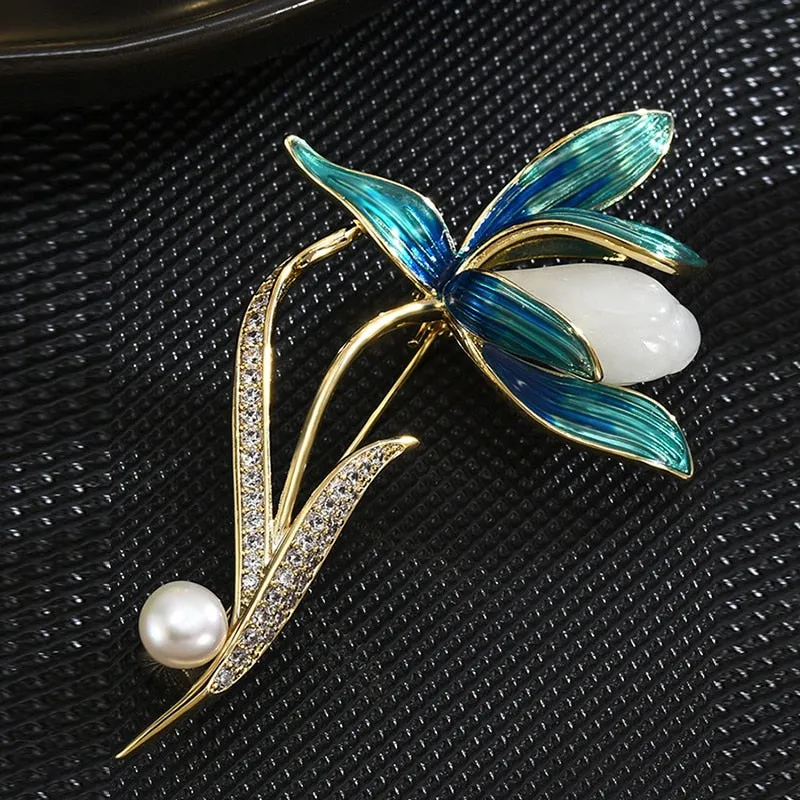 Copper Micro Inlaid Cubic Zirconia Magnolia Brooch Coat Accessories Gifts