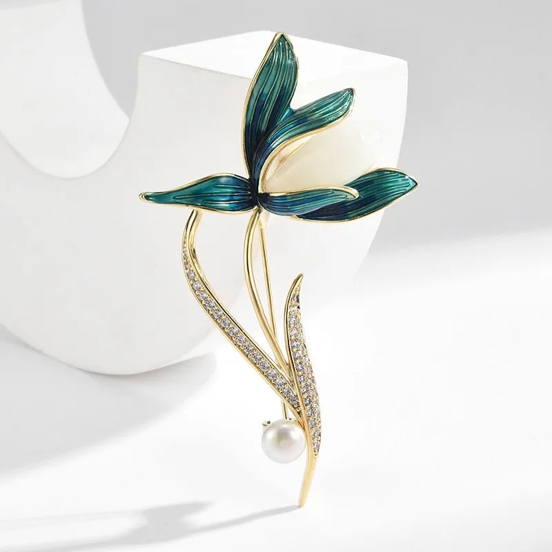 Copper Micro Inlaid Cubic Zirconia Magnolia Brooch Coat Accessories Gifts