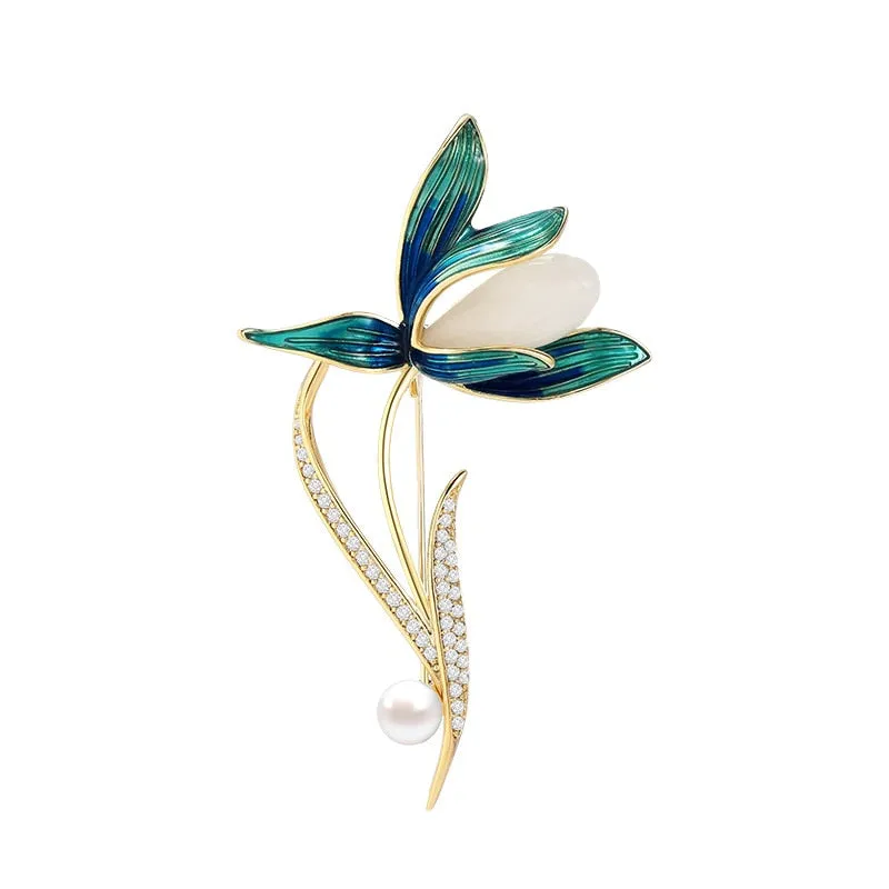 Copper Micro Inlaid Cubic Zirconia Magnolia Brooch Coat Accessories Gifts