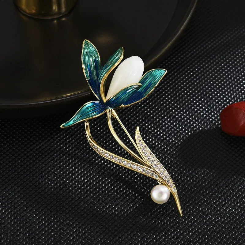 Copper Micro Inlaid Cubic Zirconia Magnolia Brooch Coat Accessories Gifts