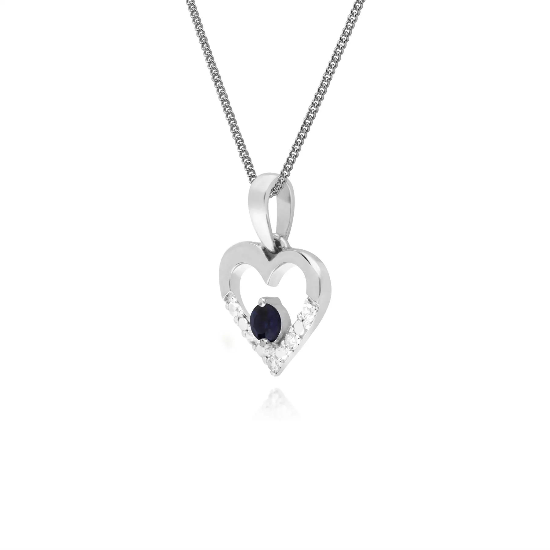 Damen 9 Karat Weiss Gold Einzeln Saphir & Diamant Herzanhänger an 45cm Kette