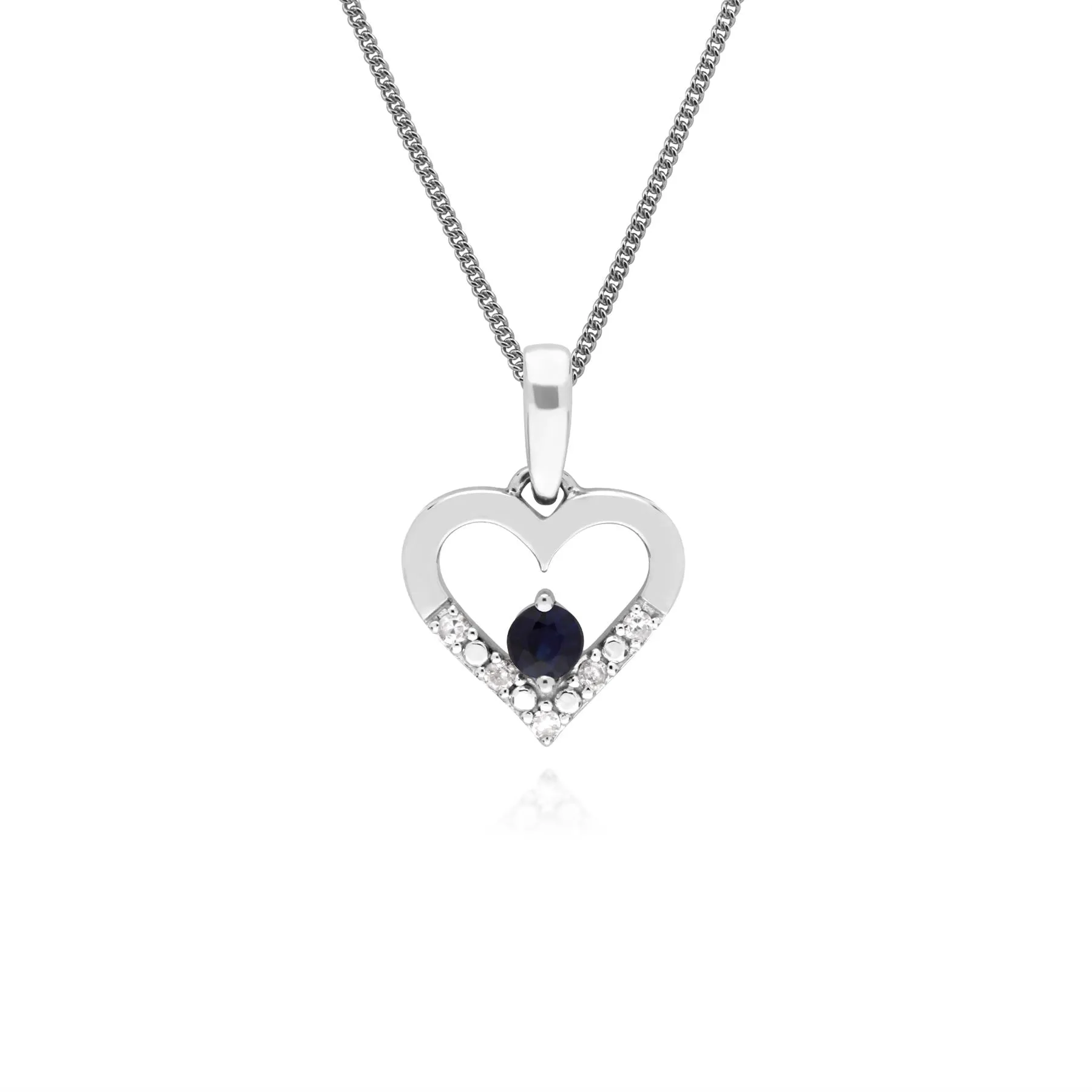 Damen 9 Karat Weiss Gold Einzeln Saphir & Diamant Herzanhänger an 45cm Kette