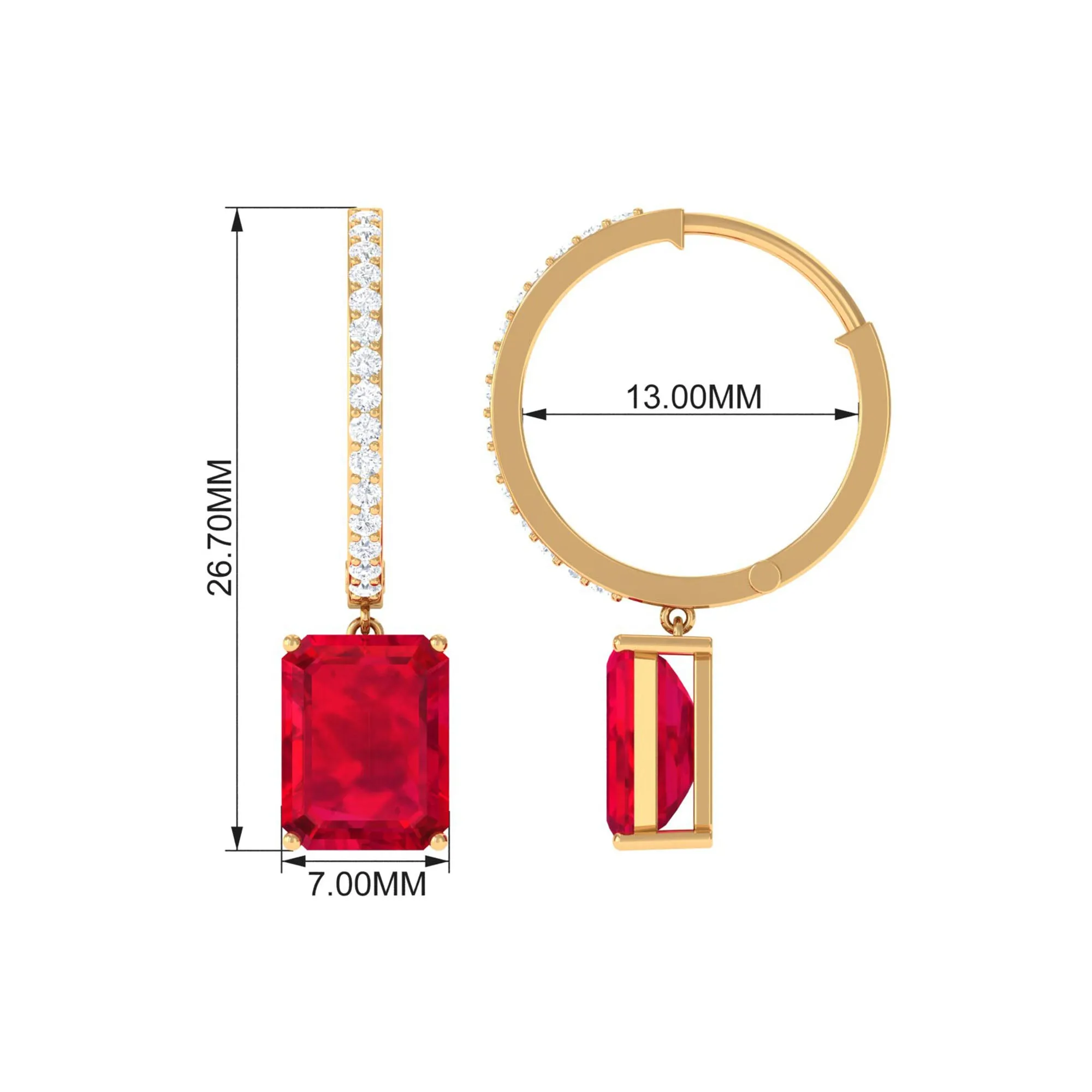 Emerald Cut Created Ruby Hoop Drop Earrings with Diamond Accent