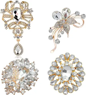Ezing 4 Pcs Silver Gold Plated Crystal Rhinestones Brooch for Women Wedding Bouquet Decorations