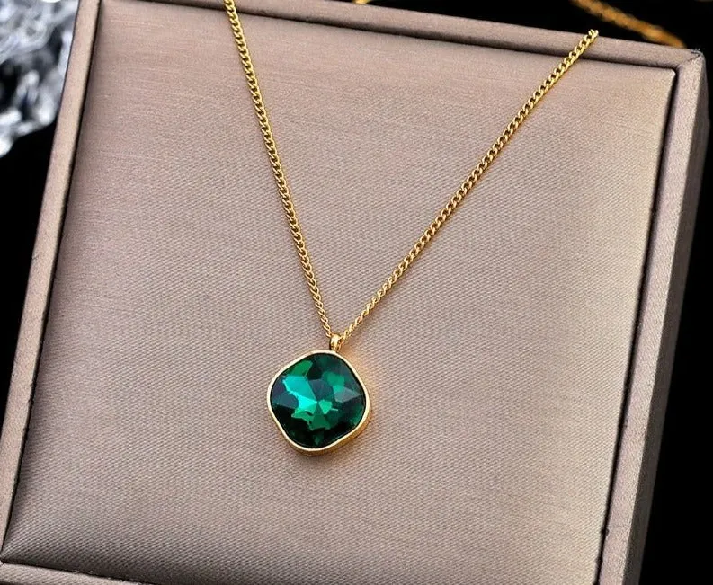 Geometric Rhombus Green Crystal Stainless Steel Necklace Charm Jewelry NCJT30