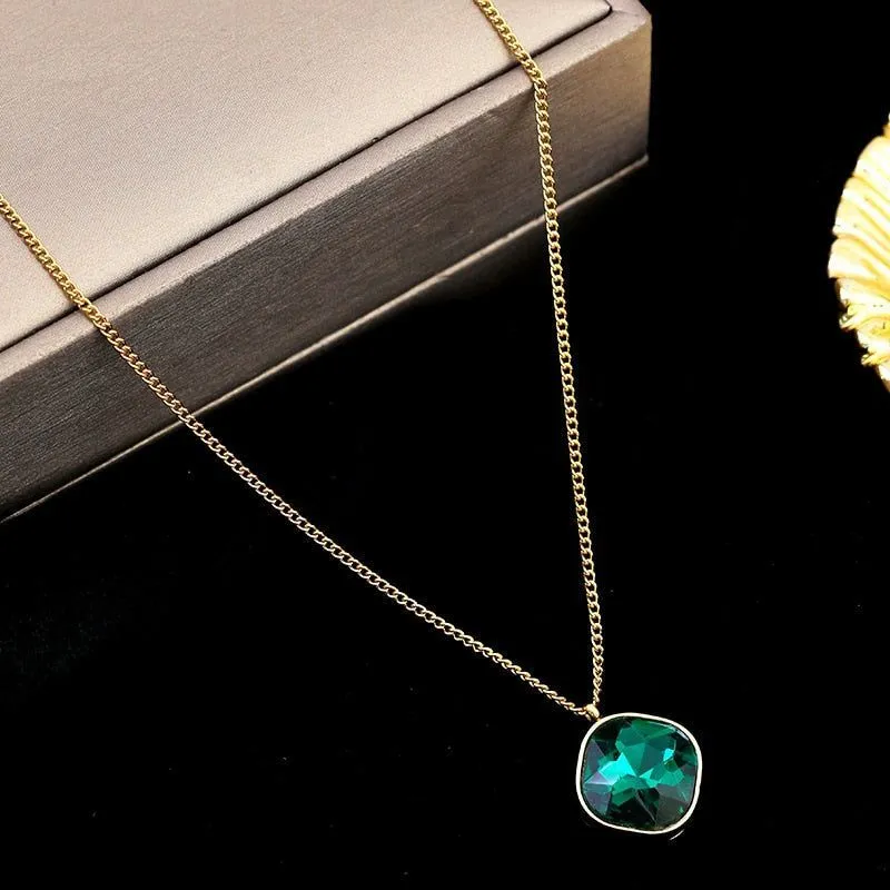 Geometric Rhombus Green Crystal Stainless Steel Necklace Charm Jewelry NCJT30