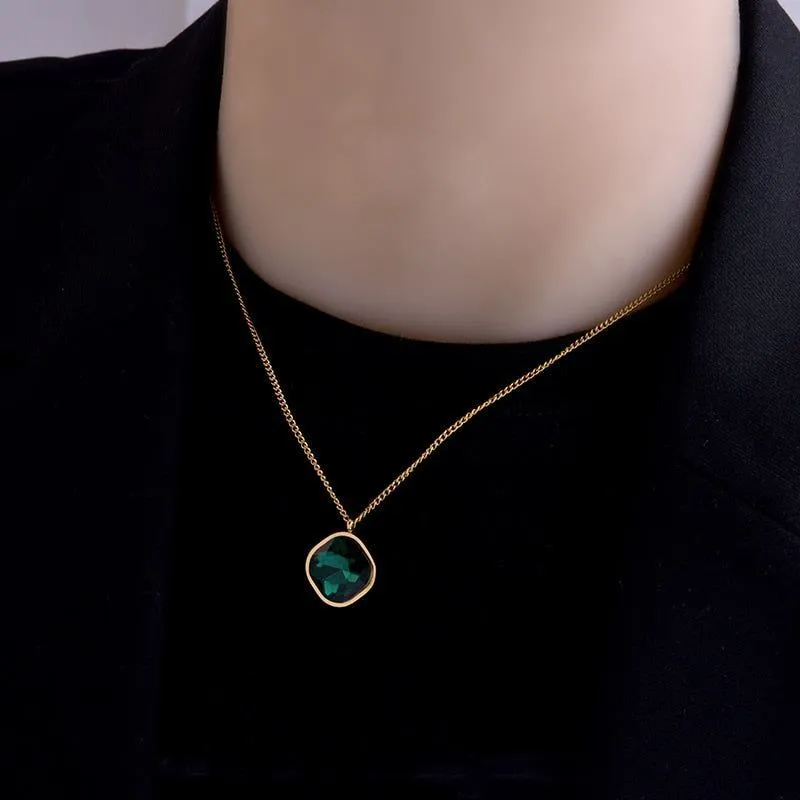 Geometric Rhombus Green Crystal Stainless Steel Necklace Charm Jewelry NCJT30