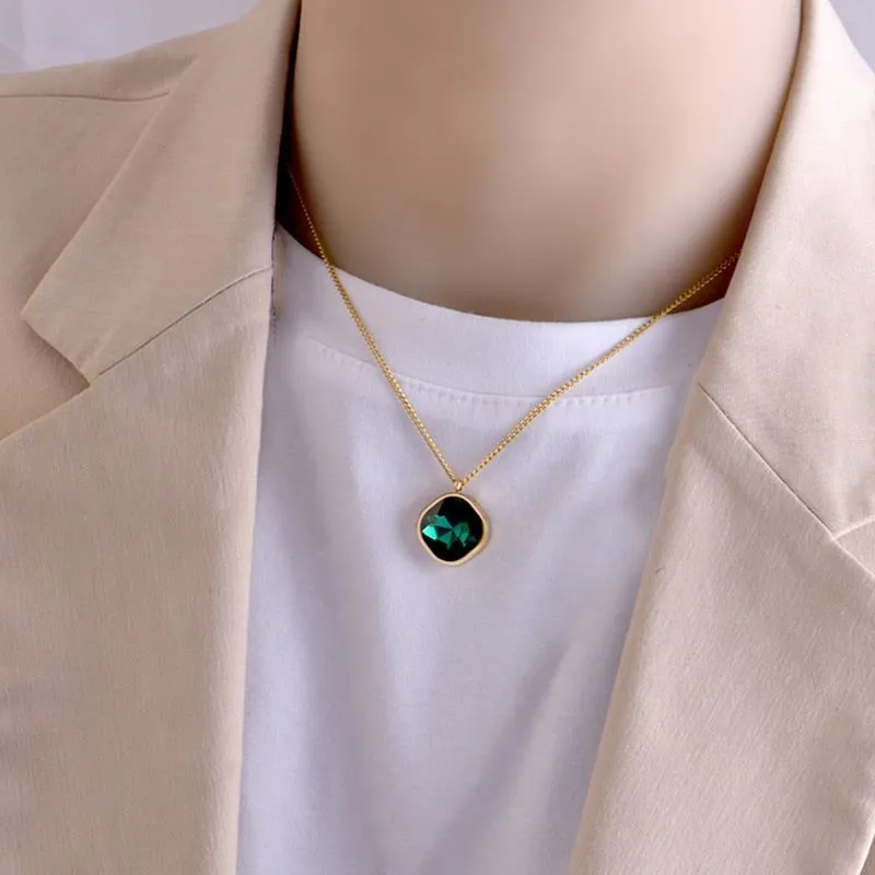 Geometric Rhombus Green Crystal Stainless Steel Necklace Charm Jewelry NCJT30