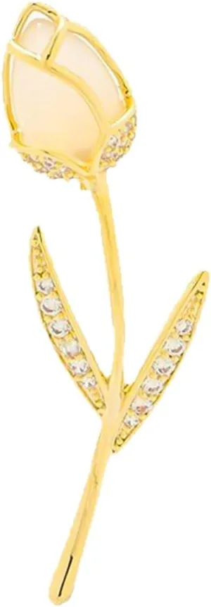 Gold Cat's Eyes Stone Tulip Flower Crystal Brooches Pins Fashion Beautiful Created Rhinestone Pearl Floral Brooch Good Idea for Party Dance Wedding Banquet for Elegant Women Girl (White)