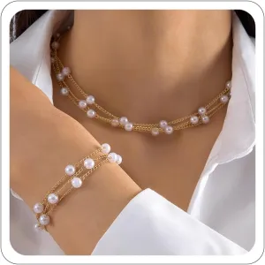 Gold Pearl Necklace, Earrings, and Bracelet Set - Dainty Wedding Pearl Jewelry