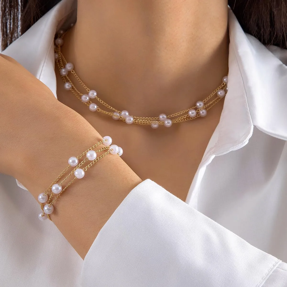 Gold Pearl Necklace, Earrings, and Bracelet Set - Dainty Wedding Pearl Jewelry