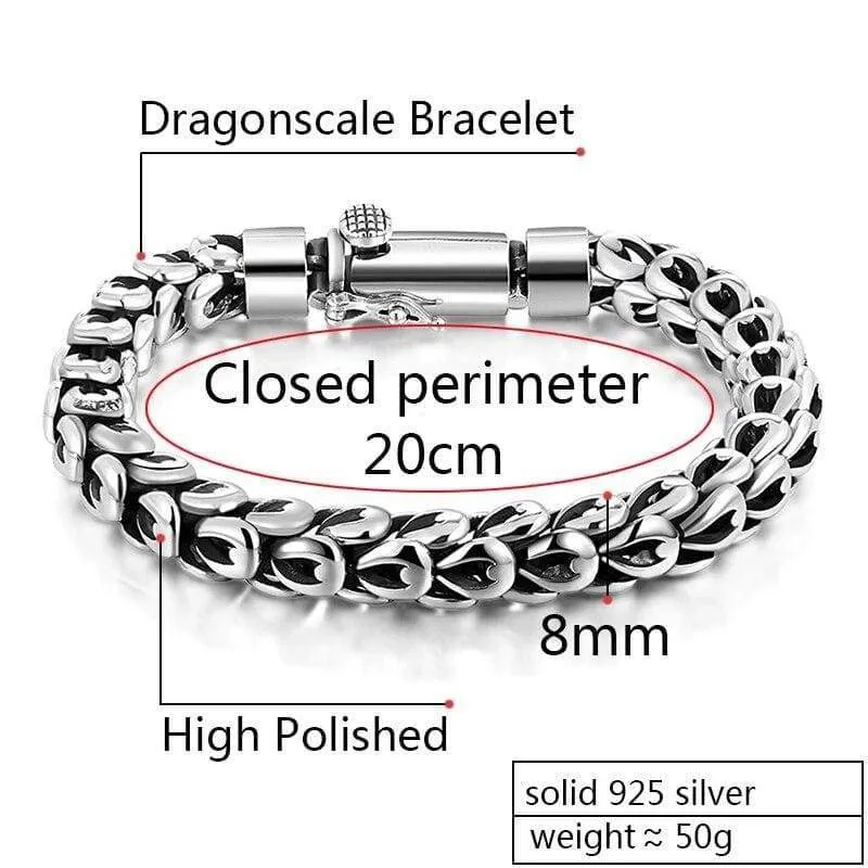Gothic 925 Sterling Silver Dragonscale Bracelet Men High Polished Vintage Rock Bracelets Jewelry for Men's (Length 20cm)