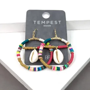 Hoop earrings with colourful beads and cowrie shell
