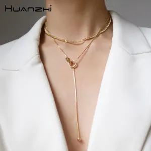 HUANZHI Vintage Gold Silver Color Two Layers Round Necklaces Collarbone Geometric Pendant Chain