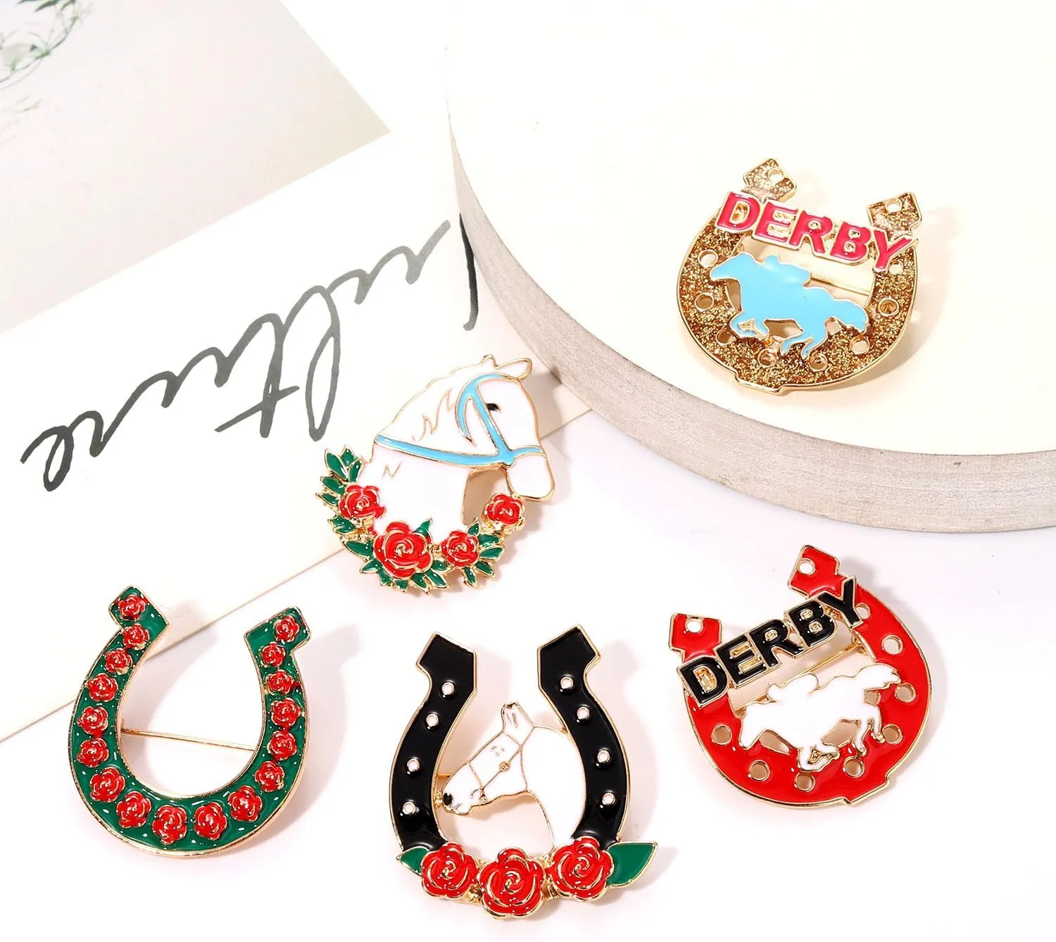 Kentucky Derby Brooches for Women Enamel Horseshoe Riding Suit Brooch Pins Rose Horse Race Day Brooches Kentucky Derby Outfits Accessories Jewelry Gifts