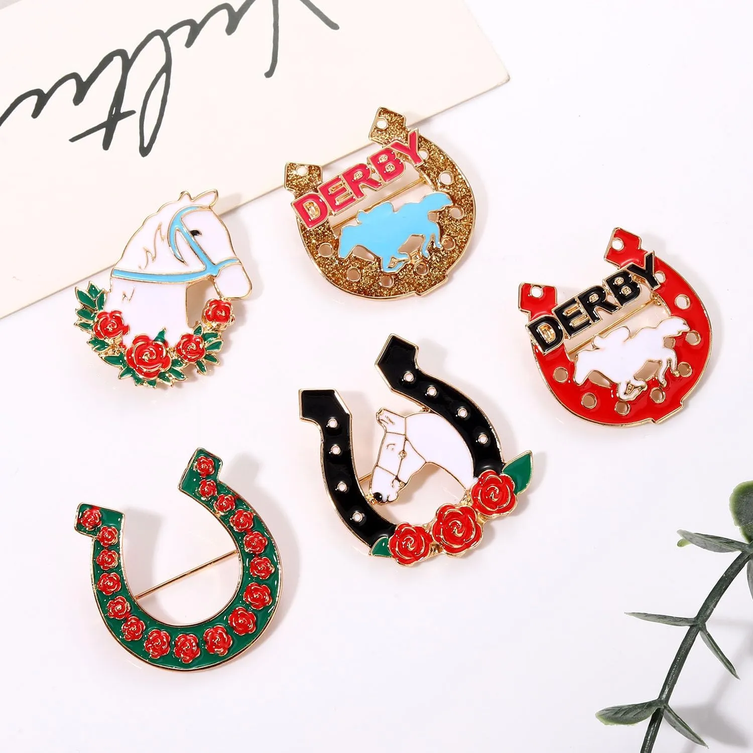 Kentucky Derby Brooches for Women Enamel Horseshoe Riding Suit Brooch Pins Rose Horse Race Day Brooches Kentucky Derby Outfits Accessories Jewelry Gifts