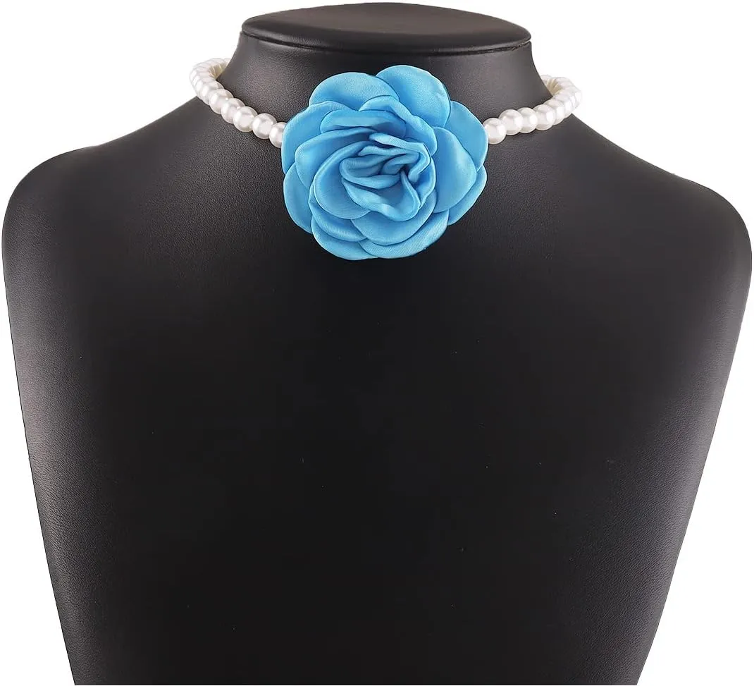 Large Rose Flower Pearl Choker Necklaces, Vintage French Camellia Charm Short Clavicle Necklaces, Fashion Statement Jewelry Gifts for Women