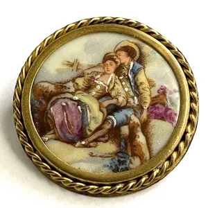 Limoges France Vintage Courting Couple Enamelled Brooch