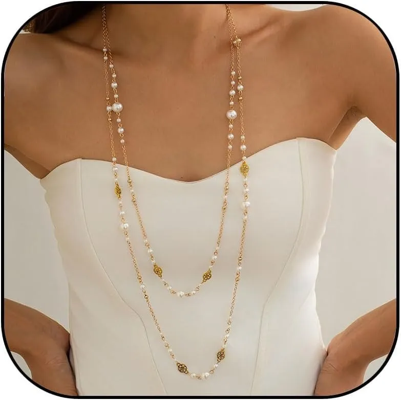 Long Pearl Necklaces for Women Gold Long Necklace Layered Pearl Long Chain Necklace Long Statement Necklace Trendy Birthday Party Jewelry Gifts