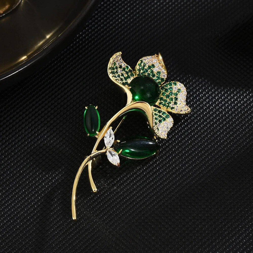 Luxury Copper Micro Inlaid Cubic Zirconia Chinese Elegant Lotus Brooch